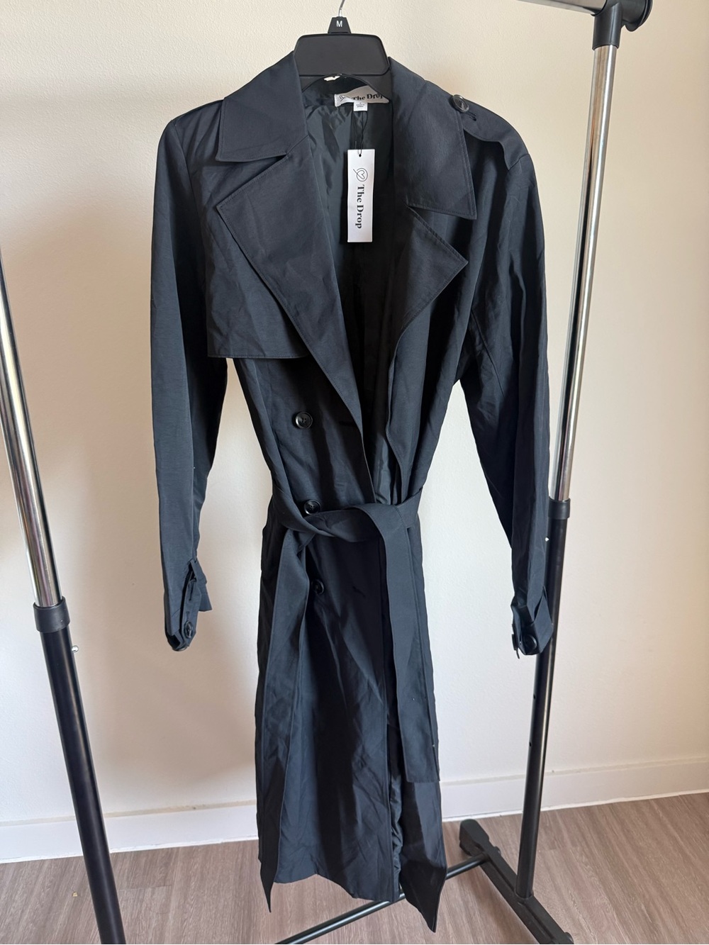 The Drop Women's Black Double-Breasted Trench Coat with Belt